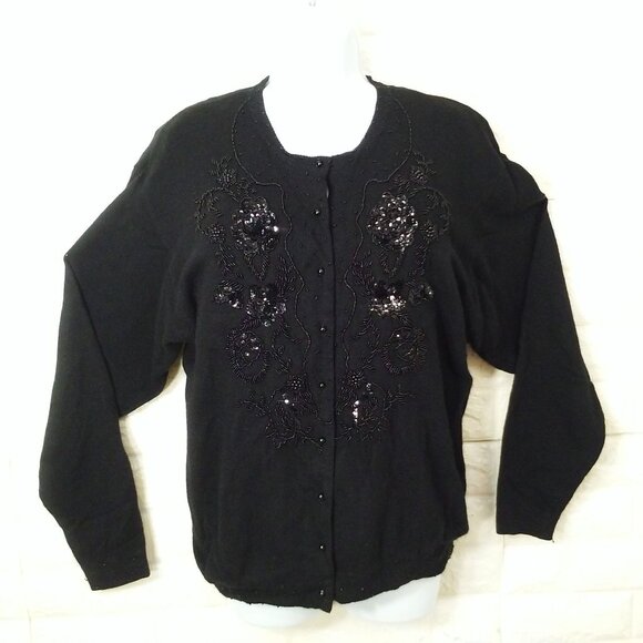 Vintage 80s Shek Embellished Beaded Cardigan Sweater (42) LambWool Angora Lined - Picture 1 of 11